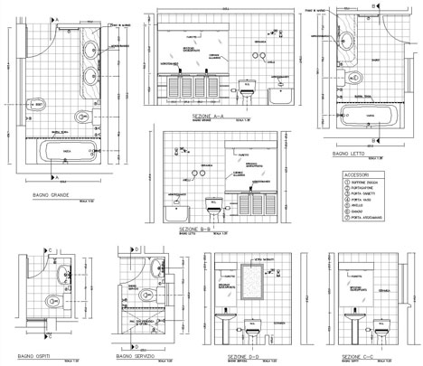 Bagni completi, progetti di bagni cad dwg Disegni di bagni