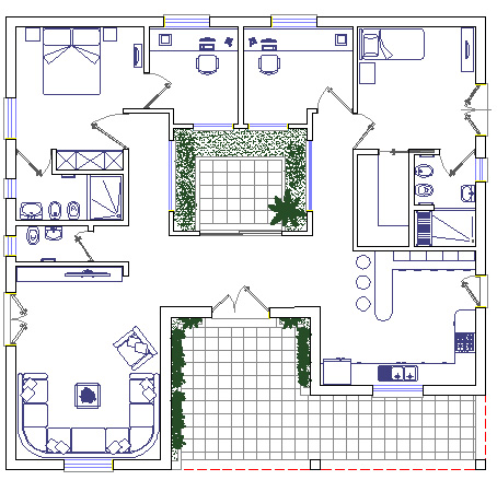Case con patio dwg Pianta appartamento 100 mq