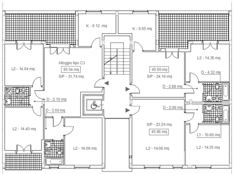 Case in linea 3 Pianta appartamento 100 mq